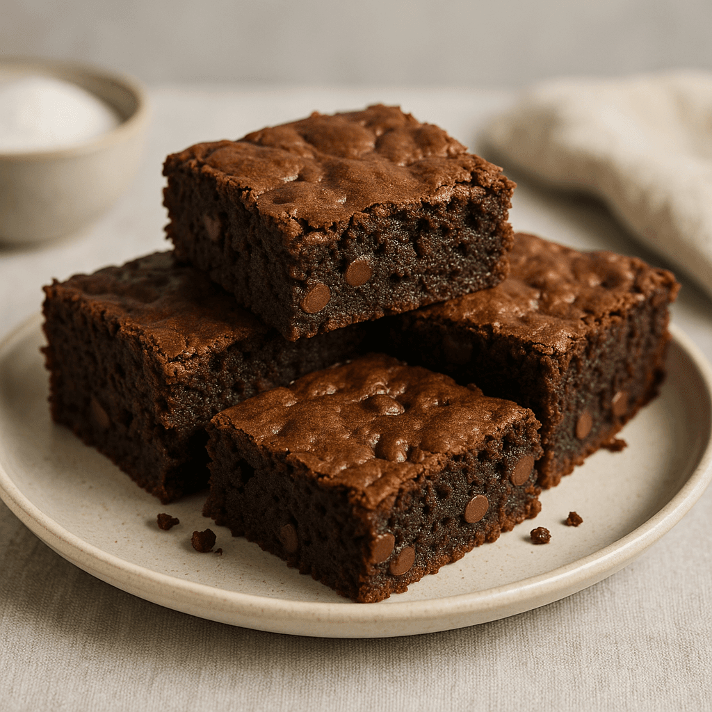 Delicious fudgy brownies on a plate.
