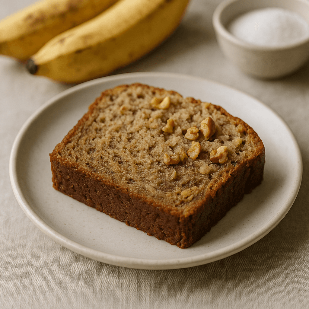 Freshly baked banana bread on a wooden cutting board.