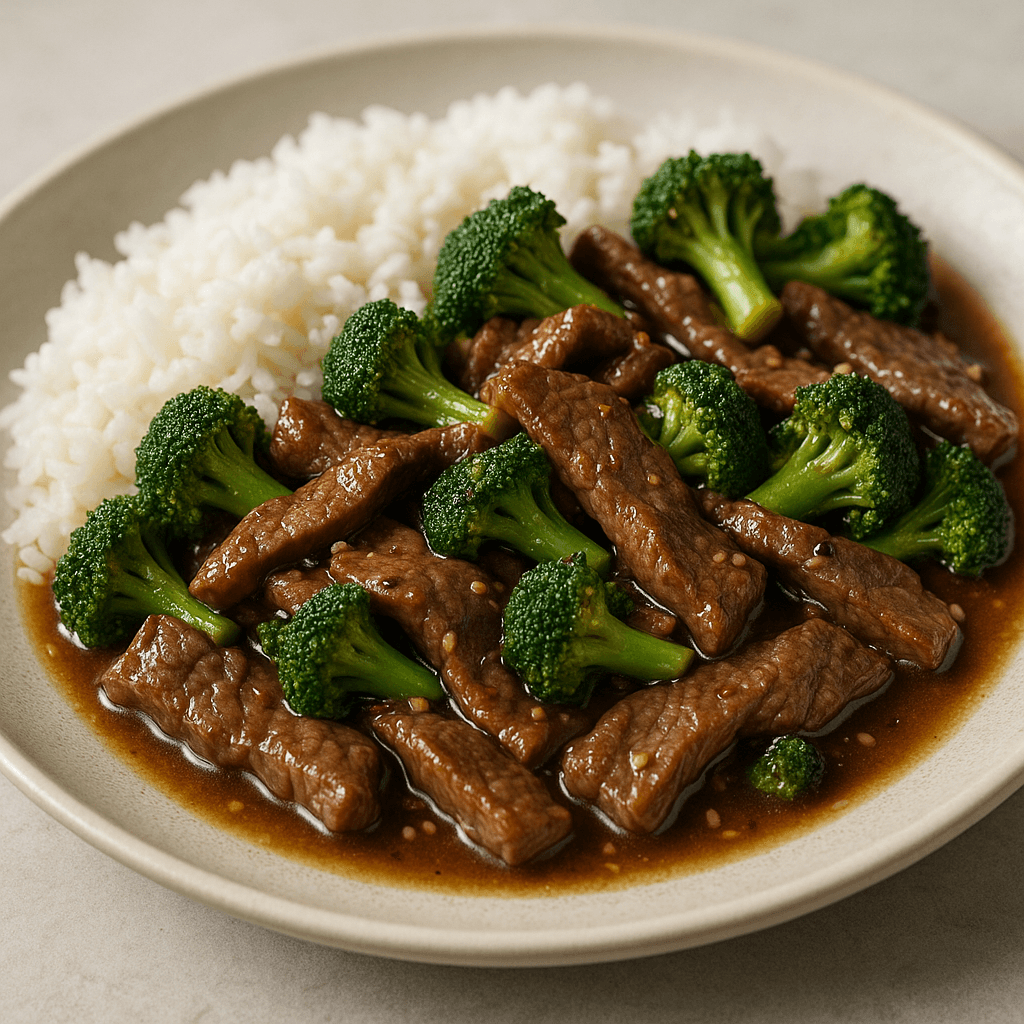 Easy Beef Stir-Fry with Broccoli and Rice plated on a table.
