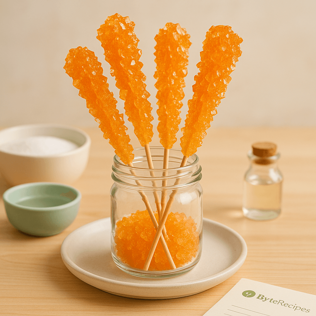 Colorful homemade rock candy on skewers.