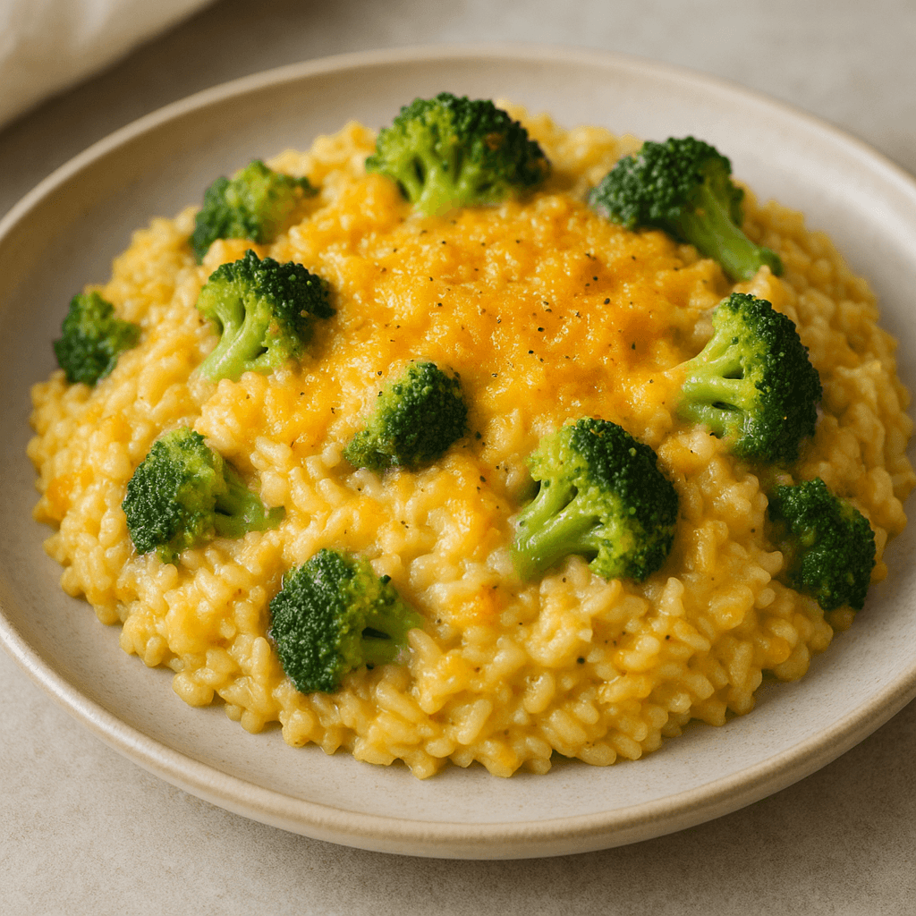 One-Pot Cheesy Broccoli and Rice Casserole in a serving bowl.