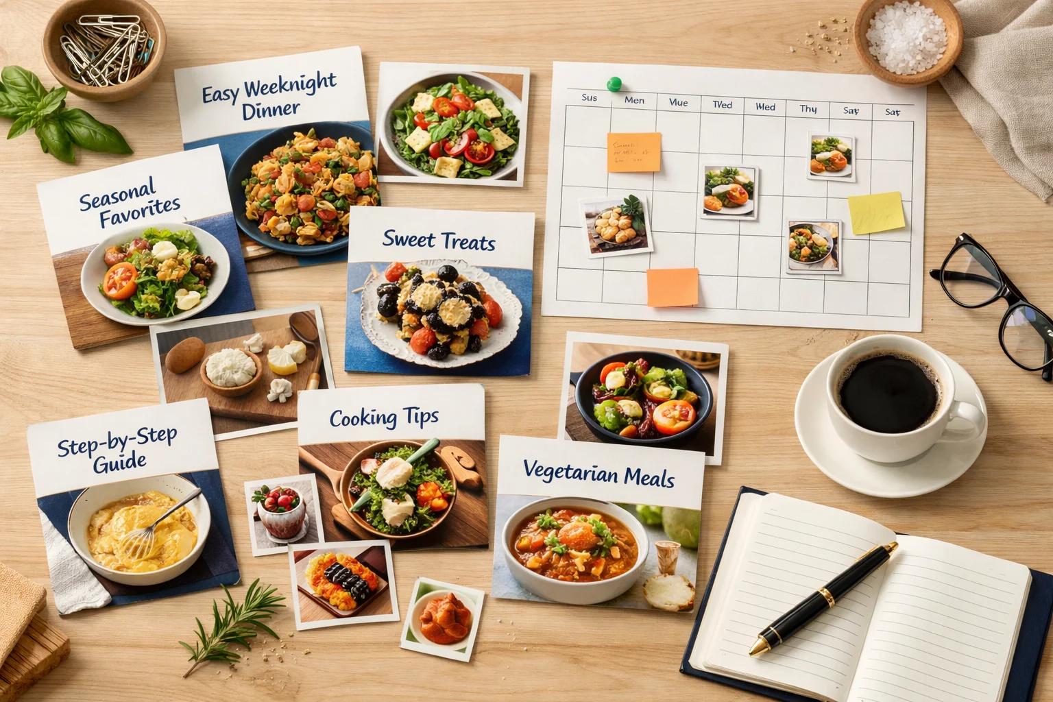 A blog archive workspace with article cards, topic tabs, and recipe notes.