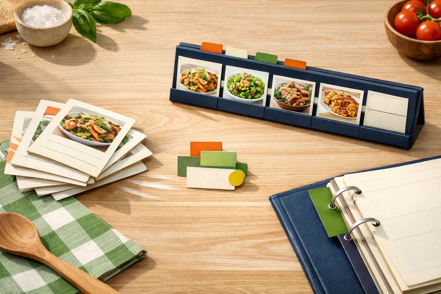 Saved recipe cards moving into a weekly planner with shortcut controls.