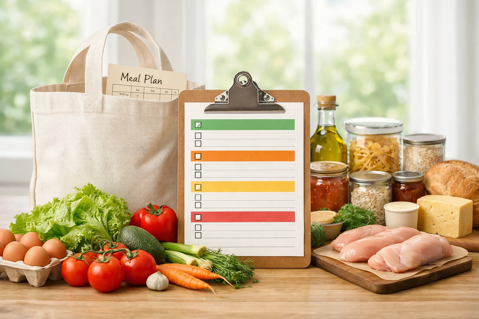 A shopping list workspace connected to planned meals and ingredients.