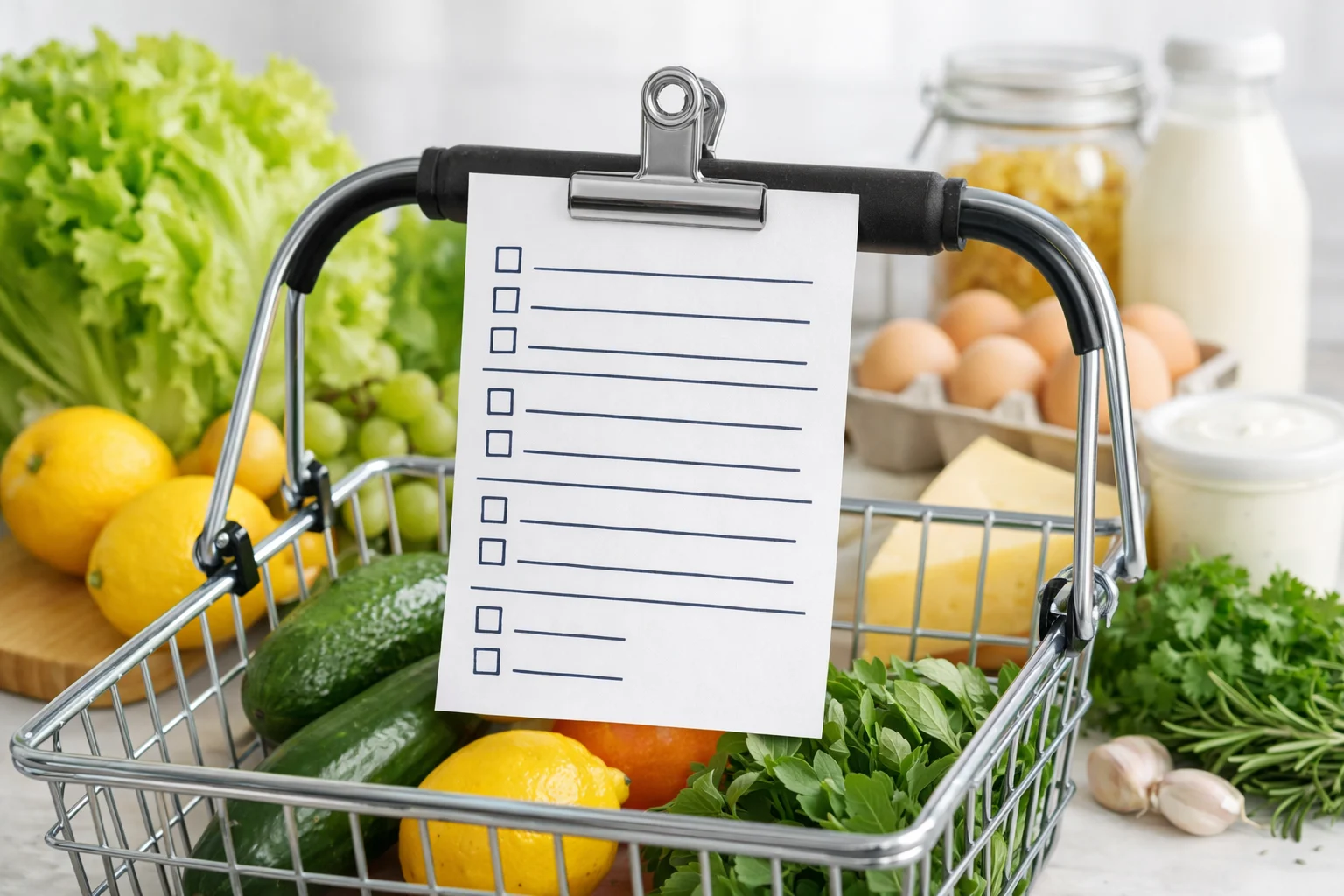 An organized grocery list workspace grouped by ingredients and planned meals.