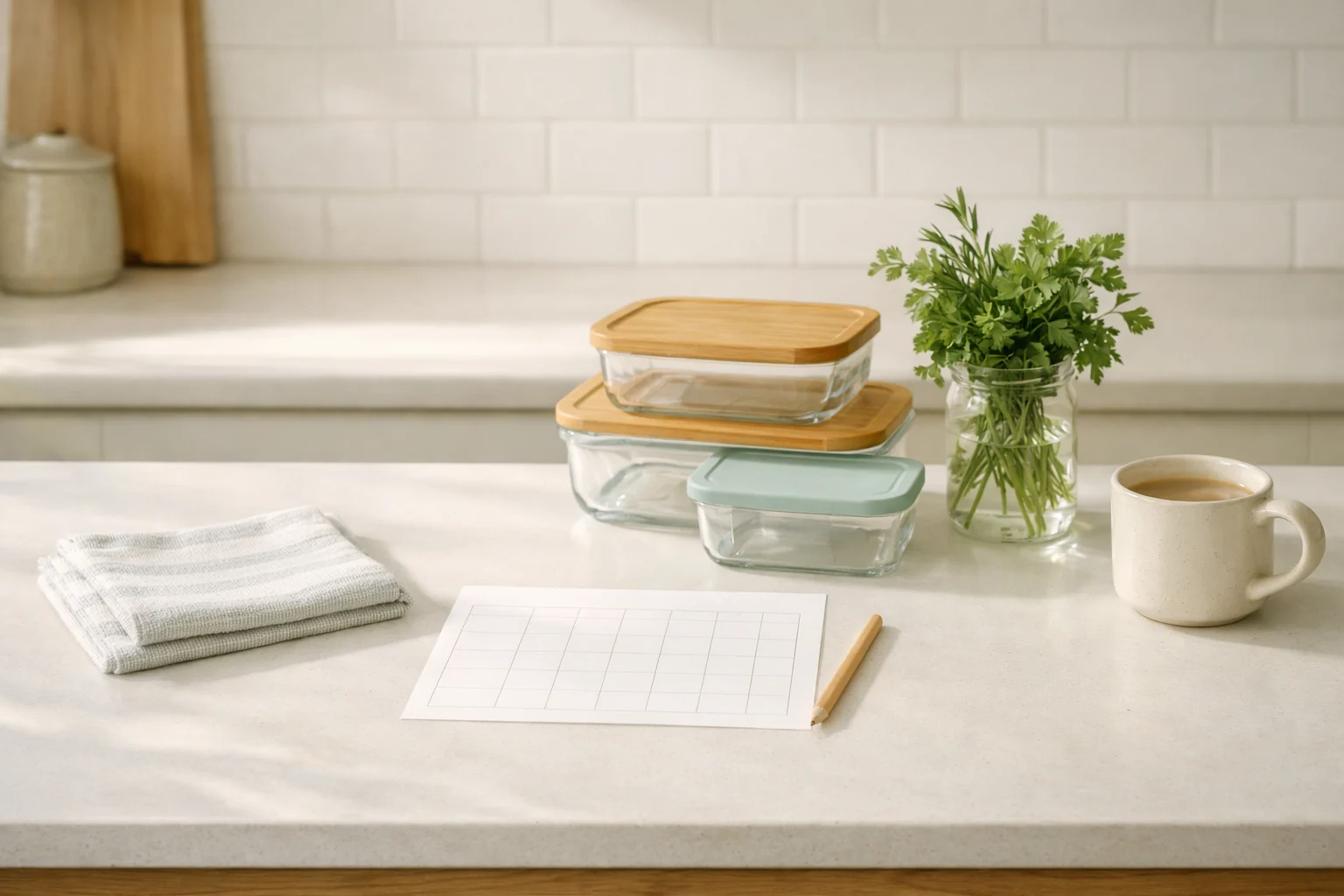 A weekly reset workspace with meal cards, a checklist, and fresh ingredients.